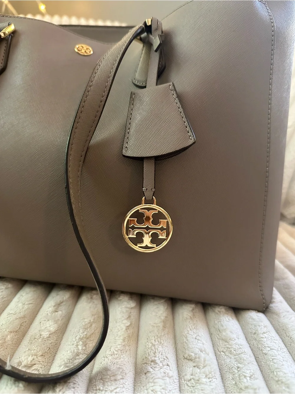 Tory Burch Saffiano Leather Tote in Taupe Gray with Gold Logo